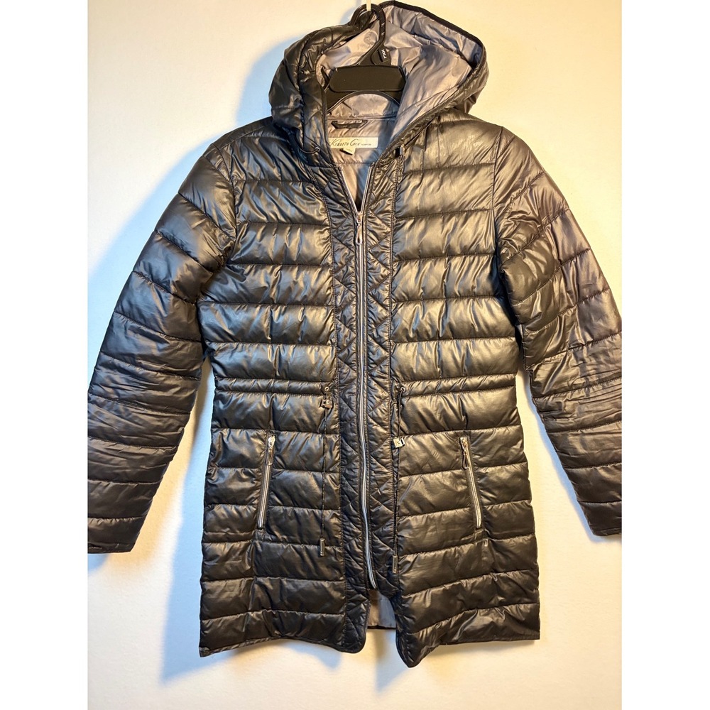 Kenneth Cole Puffer Jacket Womens Small Black Excellent Hooded Quilted Parka
